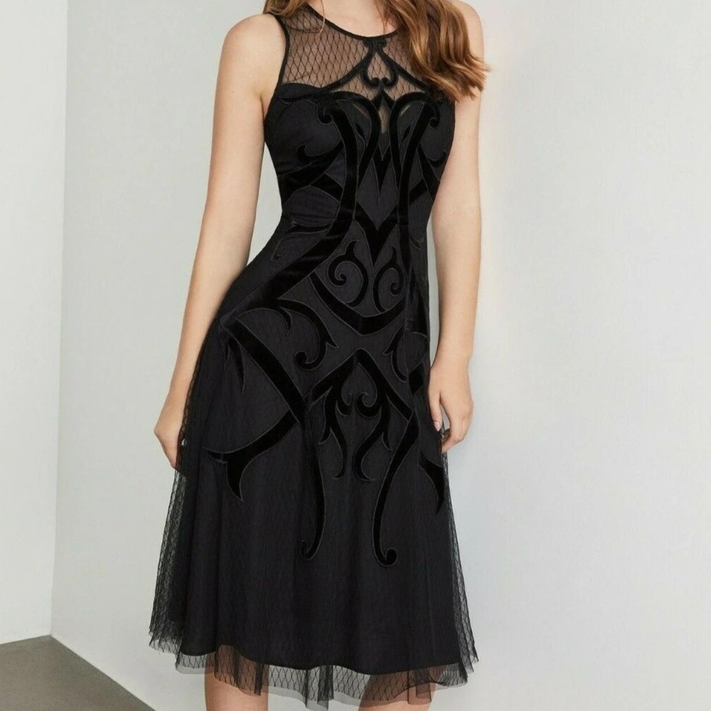 BCBGMAXAZRIA Illusion Black Velvet burnout Mesh A Line Dress 12 Goth Whimsigoth